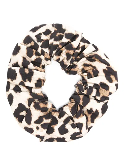 Ganni Animal-print Organic Cotton Scrunchie In 褐色