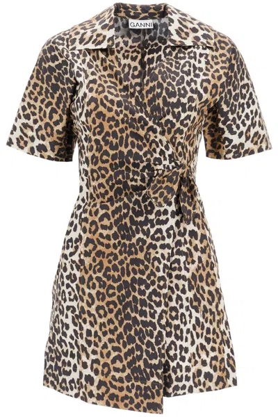 GANNI ANIMAL PRINT POPLIN WRAP MINI DRESS