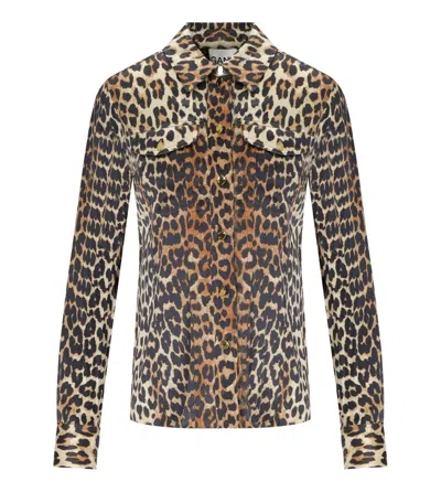 Ganni Animal Print Satin Shirt In Beige