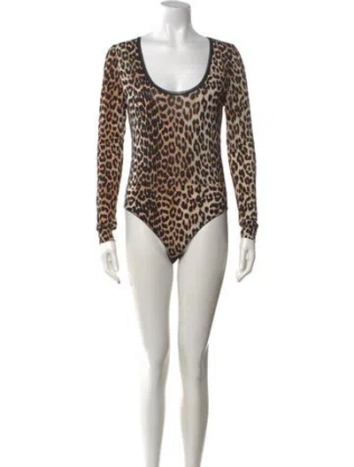 Pre-owned Ganni Animal Print Scoop Neck Bodysuit In Neutrals