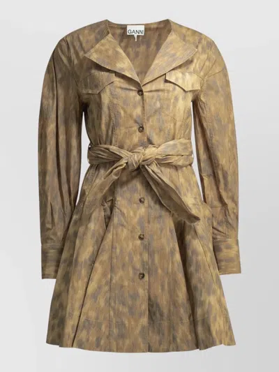 Ganni Animal Print Shirt Dress Belted Waist In Brown