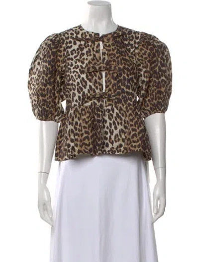 Pre-owned Ganni Animal Print Short Sleeve Blouse W/ Tags In Brown