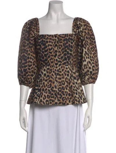 Pre-owned Ganni Animal Print Square Neckline Blouse In Brown