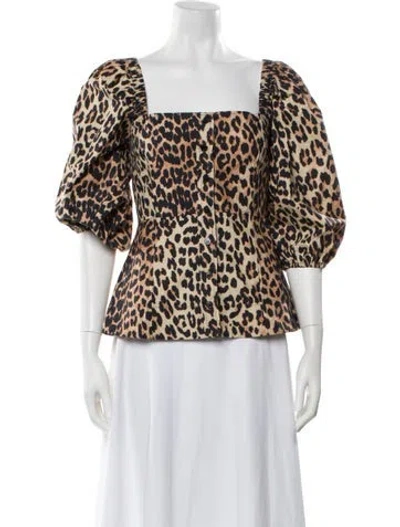 Pre-owned Ganni Animal Print Square Neckline Blouse In Neutral
