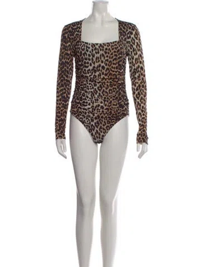 Pre-owned Ganni Animal Print Square Neckline Bodysuit In Black