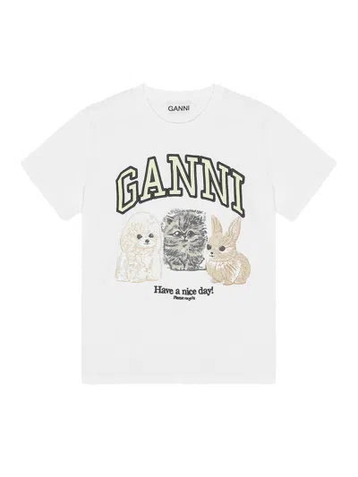 GANNI GANNI ANIMAL PRINT T-SHIRT BRIGHT WHITE