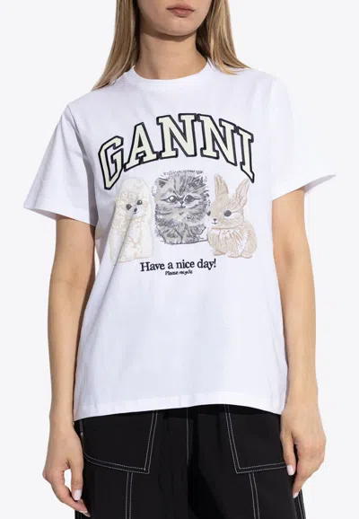 Ganni Women White Crewneck T-shirt With Maxi Logo On The Front In Cotton Woman In Multi
