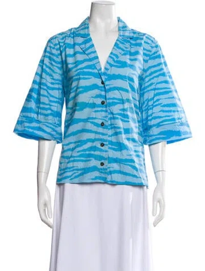Pre-owned Ganni Animal Print Three-quarter Sleeve Blouse In Blue