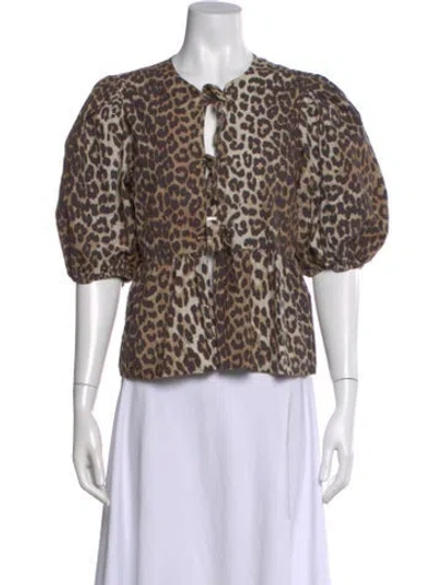 Pre-owned Ganni Animal Print Tie Neck Blouse In Brown