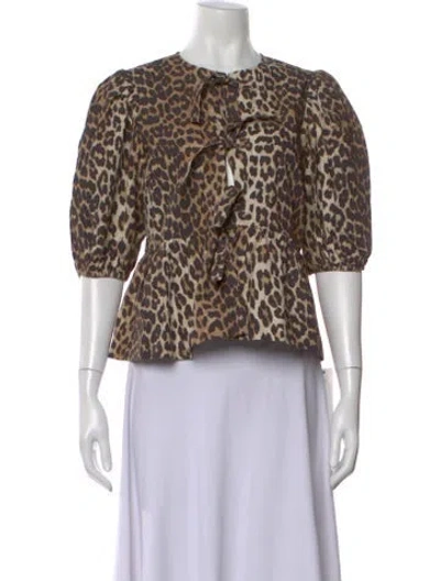 Pre-owned Ganni Animal Print Tie Neck Blouse In Brown