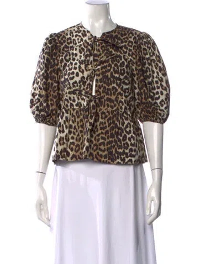 Pre-owned Ganni Animal Print Tie Neck Blouse In Brown