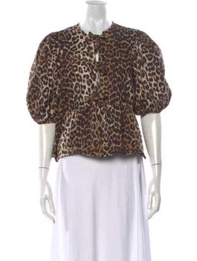 Pre-owned Ganni Animal Print Tie Neck Blouse In Multicolor