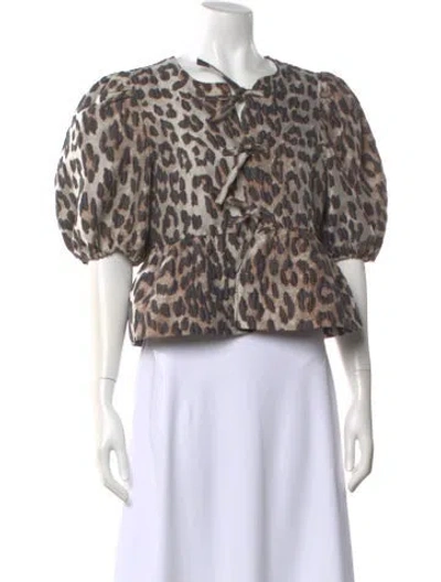Pre-owned Ganni Animal Print Tie Neck Blouse In Neutral