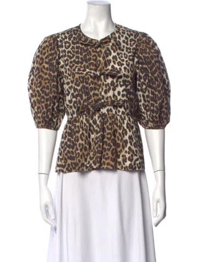 Pre-owned Ganni Animal Print Tie Neck Blouse In Neutral