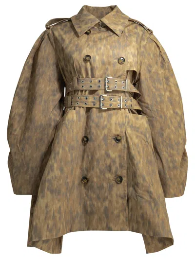 Ganni Animal Print Trench Coat Jackets And Coats Beige In Brown