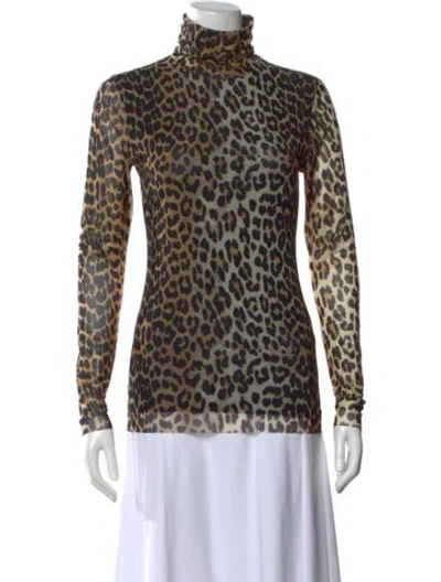 Pre-owned Ganni Animal Print Turtleneck Top In Brown