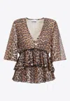 Ganni Almond Milk Pleated Georgette V-neck Flounce Mini Dress In Animal Print Recycled Polyester In Multicolor