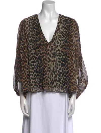 Pre-owned Ganni Animal Print V-neck Blouse In Brown