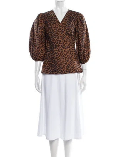 Pre-owned Ganni Animal Print V-neck Blouse In Brown