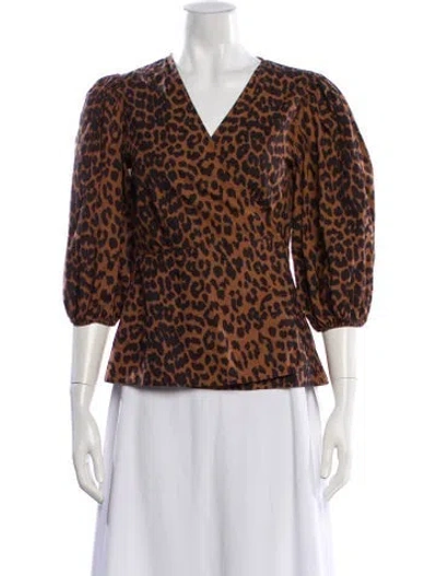 Pre-owned Ganni Animal Print V-neck Blouse In Brown