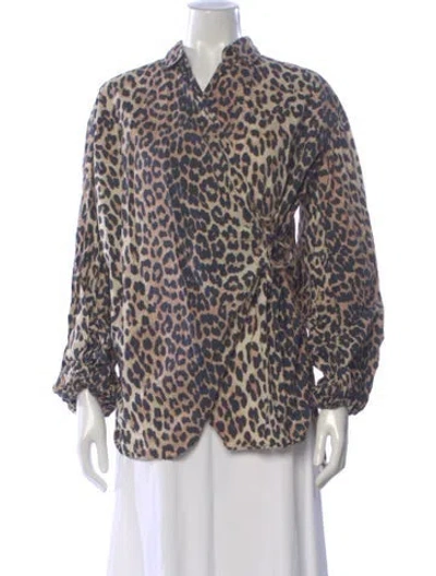 Pre-owned Ganni Animal Print V-neck Blouse In Brown