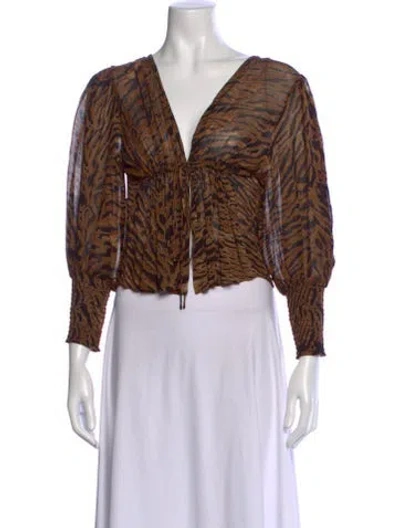 Pre-owned Ganni Animal Print V-neck Blouse In Brown