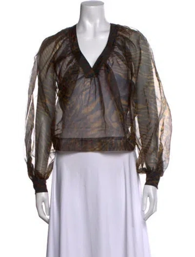Pre-owned Ganni Animal Print V-neck Blouse In Brown