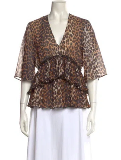 Pre-owned Ganni Animal Print V-neck Blouse In Neutral