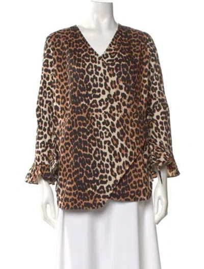 Pre-owned Ganni Animal Print V-neck Blouse In Neutral
