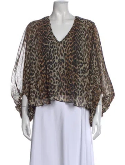 Pre-owned Ganni Animal Print V-neck Blouse In Neutral
