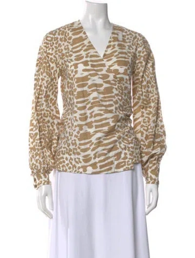 Pre-owned Ganni Animal Print V-neck Blouse In Neutrals