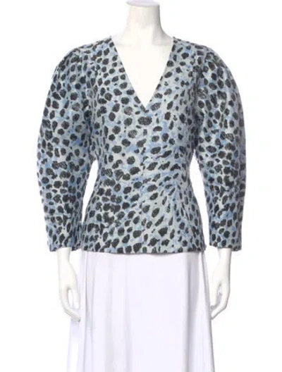 Pre-owned Ganni Animal Print V-neck Blouse W/ Tags In Blue