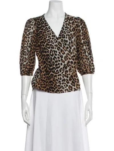 Pre-owned Ganni Animal Print V-neck Blouse W/ Tags In Blue