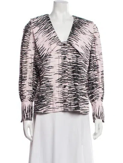 Pre-owned Ganni Animal Print V-neck Blouse In White