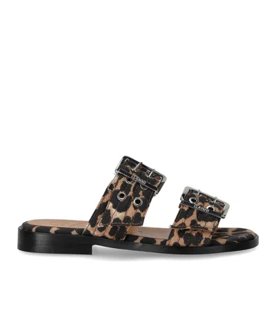Ganni Animalier Flat Sandal With Buckles In Brown