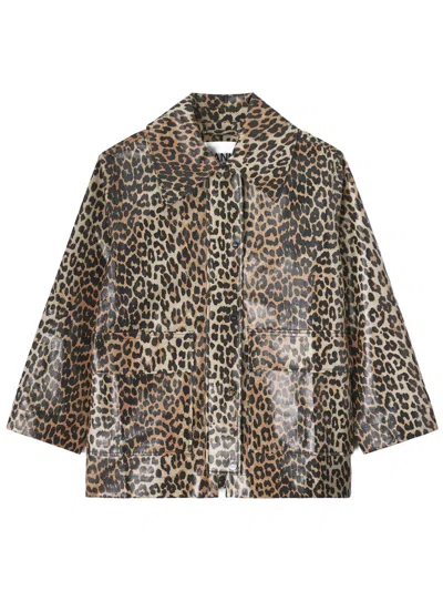 Ganni Leopard Print Cotton Blend Long Jacket In Brown