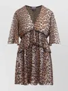 Ganni Almond Milk Pleated Georgette V-neck Flounce Mini Dress In Animal Print Recycled Polyester