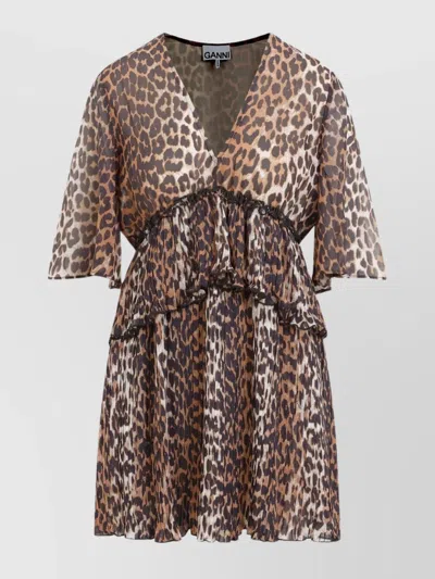 GANNI ANIMALIER PLEATED V-NECK MINI DRESS