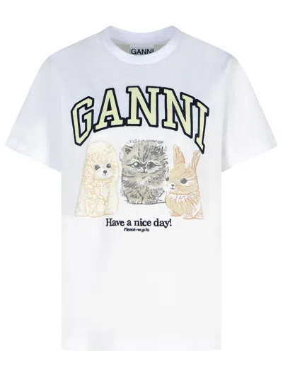 Ganni Women White Crewneck T-shirt With Maxi Logo On The Front In Cotton Woman In Multi