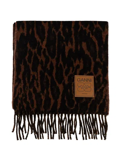 Ganni Animal-motif Fringed Scarf In Green