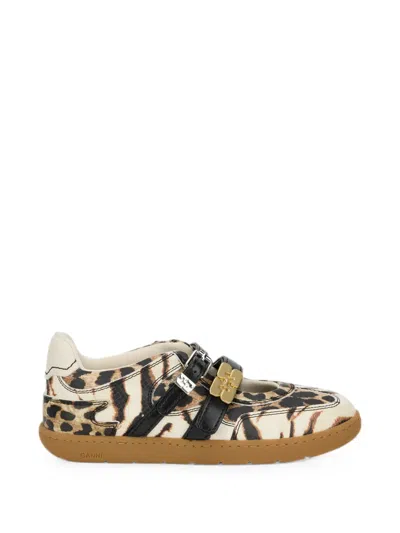 Ganni Animal-print Buckle Ballet Flats In Neutral