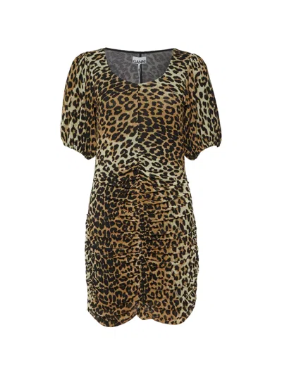Pre-owned Ganni Animal-print Ruched Mini Dress In Neutral