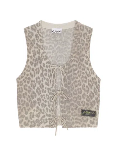 Ganni Animal-print Tie Knit Vest In Neutral
