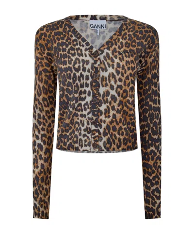 Ganni Animal-print Wool Cardigan In Black
