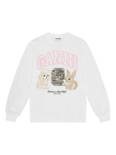 Ganni Animals Cotton Crewneck Sweater In White