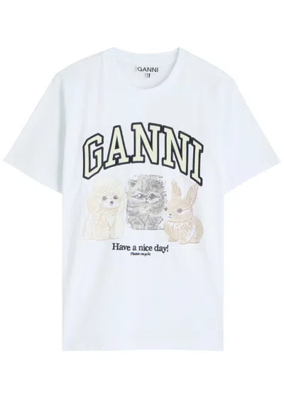 GANNI GANNI ANIMALS LOGO-EMBROIDERED COTTON T-SHIRT