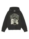 Ganni Oversize Cotton Sweatshirt With Hood And Graphic Print In Black