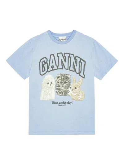 Ganni Animals Organic Cotton T-shirt In Blue
