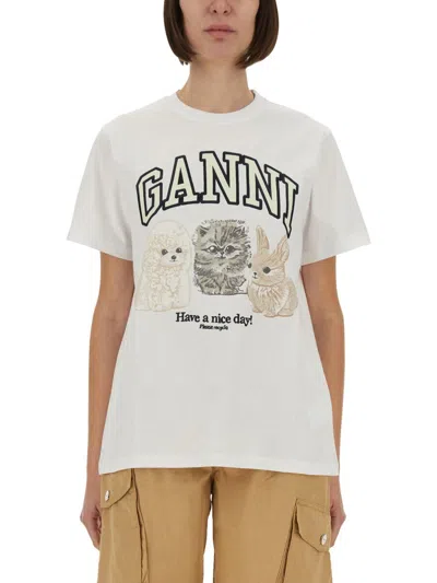 Ganni Animals Organic Cotton T-shirt In Neutral