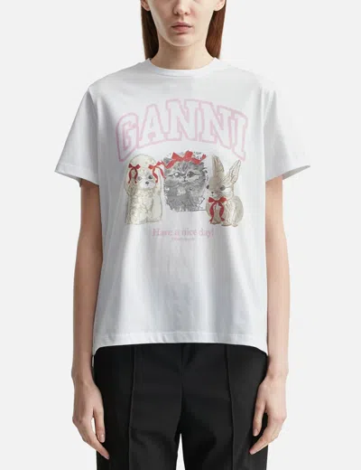 Ganni Graphic Print Crew Neck Short Sleeve Top In White